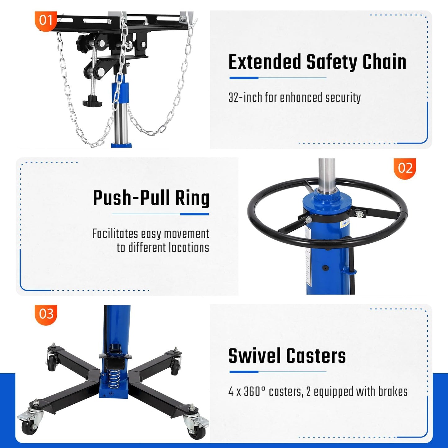 Hydraulic Transmission Jack, 1322 LB Capacity, 34-68 in, Heavy Duty Telescopic Transmission Jack Lift with Foot Pedal, 30° Tilt Saddle & 360° Swivel Wheels for Garage & Shop, Blue