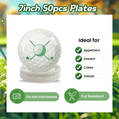 PUEVENYI 50PCS Golf Party Paper Plates - 7Inch Round Dessert Plates for Cake Fruit Salad Pizza Disposable Sport Themed Decoration Supplies for Golf Fan Sports Event, Birthday Party