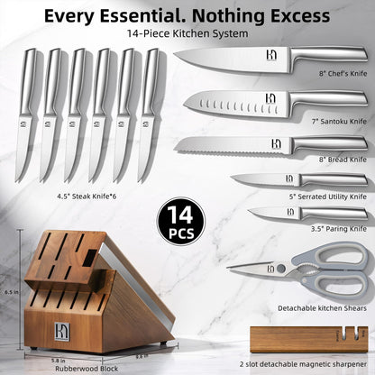 KnifeSaga Kitchen Knife Set with Block and Detachable 2-Stage Sharpener | 14-Piece Premium High Carbon Stainless Steel Knives with Ergonomic Anti-Slip Handle, Rubberwood Knife Block