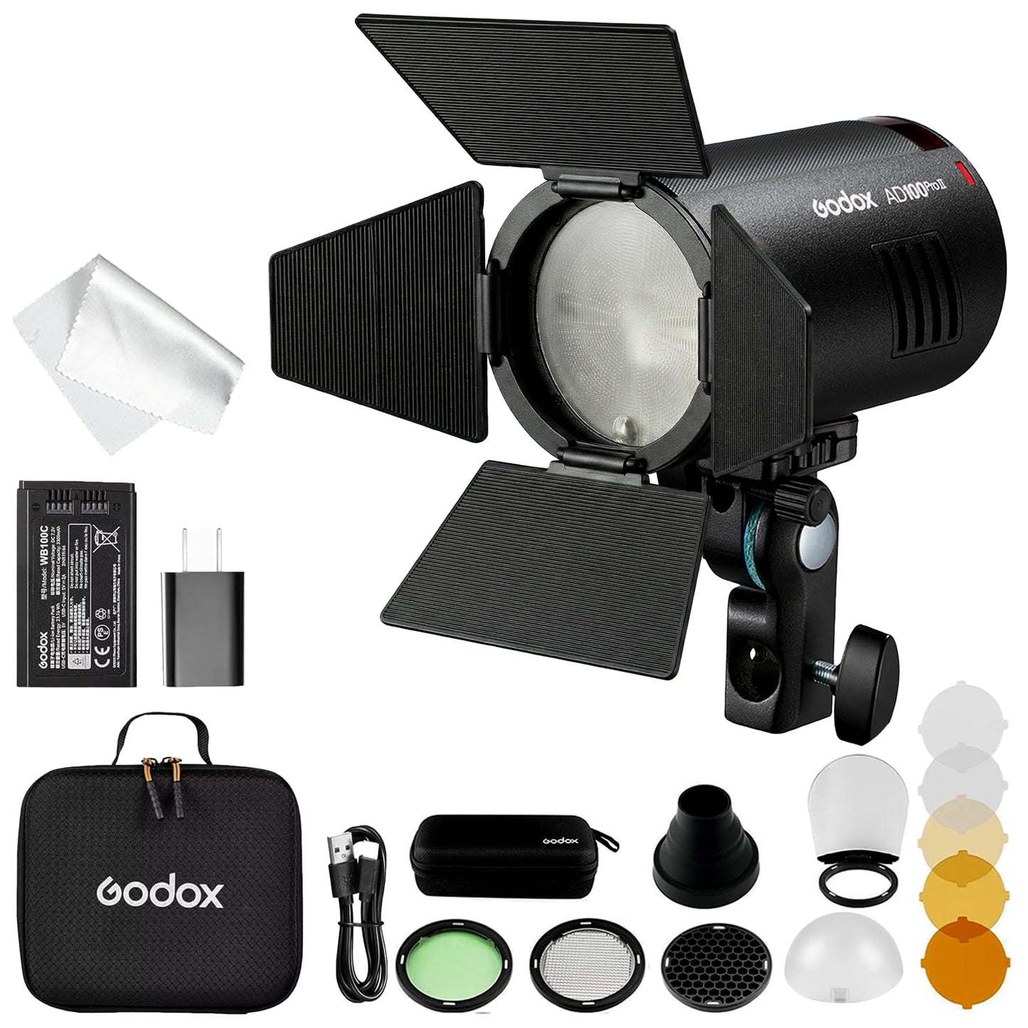 Godox AD100 Pro II AD100Pro II AD100ProII Flash Strobe with AK-R1 Kit, 2.4GHz X System+433Mhz Module/2W LED/10 Brightness Levels/490 Full-Power Pops/0.01–1.5s Recycle Time/USB-C Charging/1-256-1/1