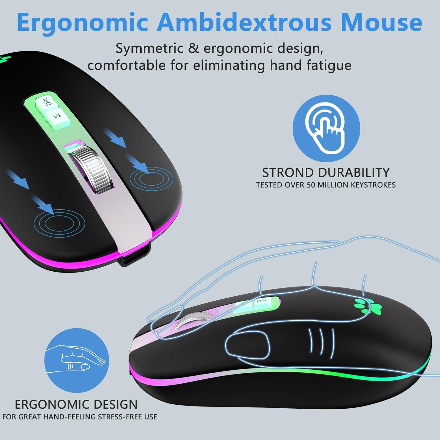 KARFUN Wireless Mouse, Backlit LED Portable Slim Computer Mouse for Laptop, PC, Computer, MacBook, iPad, Chromebook, Notebook, 2.4G Rechargeable Wireless Mouse (Black) (Black-Transparent Nose)