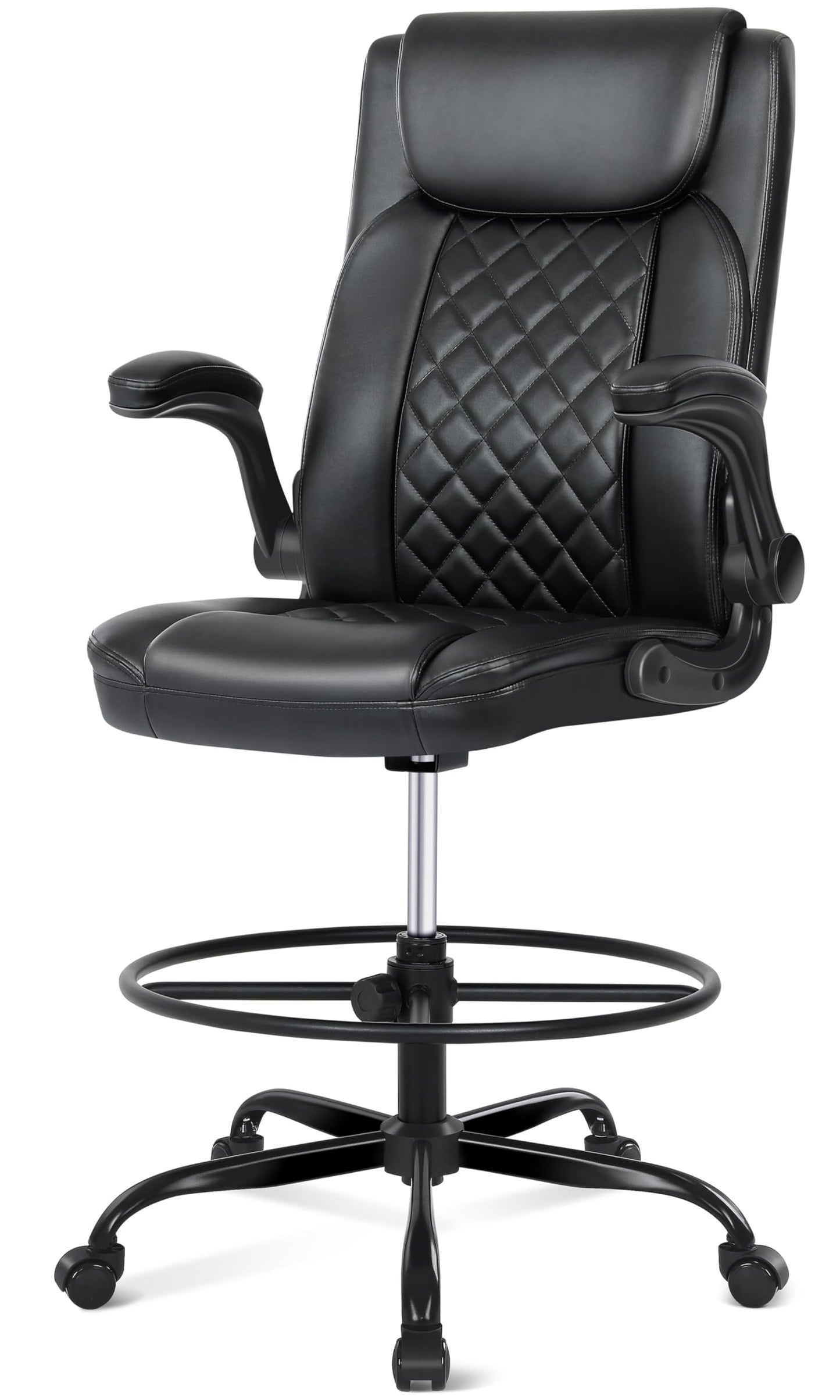 Misolant Drafting Chair with Footrest Ring, Tall Office Chair for Standing Desk, PU Faux Leather Bar Counter Height Chairs with Adjustable Height, 360° Swivel Wheels for Garage Office, Black