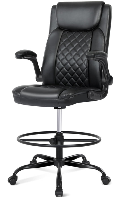 Misolant Drafting Chair with Footrest Ring, Tall Office Chair for Standing Desk, PU Faux Leather Bar Counter Height Chairs with Adjustable Height, 360° Swivel Wheels for Garage Office, Black