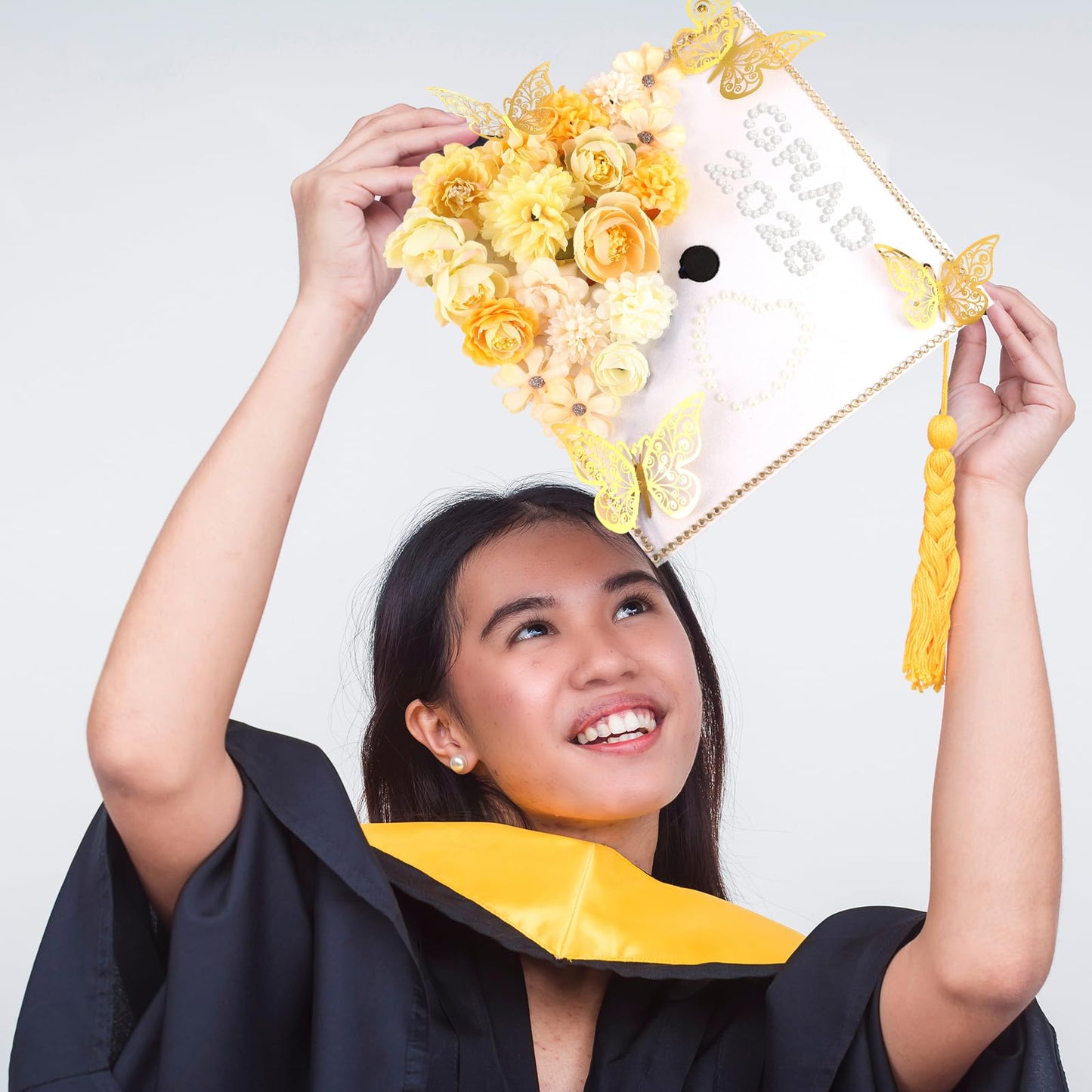 Ywdbzjhs 51 PCS DIY Graduation Grad Cap Decoration Kit - 12 Cream Construction Paper with Artificial Flower Heads 3D Butterfly Pearl Adhesive Dots Rhinestone Stickers for DIY Grad Hat Topper(White)
