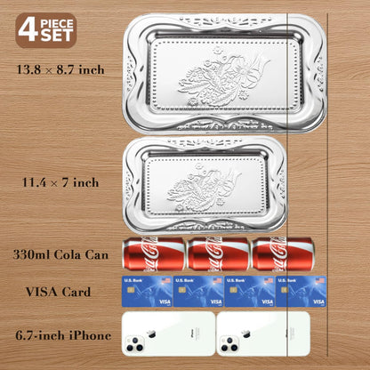 4-Pack Silver Serving Trays Set - ZENOVLUX Lightweight Bow Floral Engraved Mirror Decorative Tray, 13.8" x 8.7" Party Platters for Easter, Food, Appetizer, Charcuterie, Cookies, Desserts