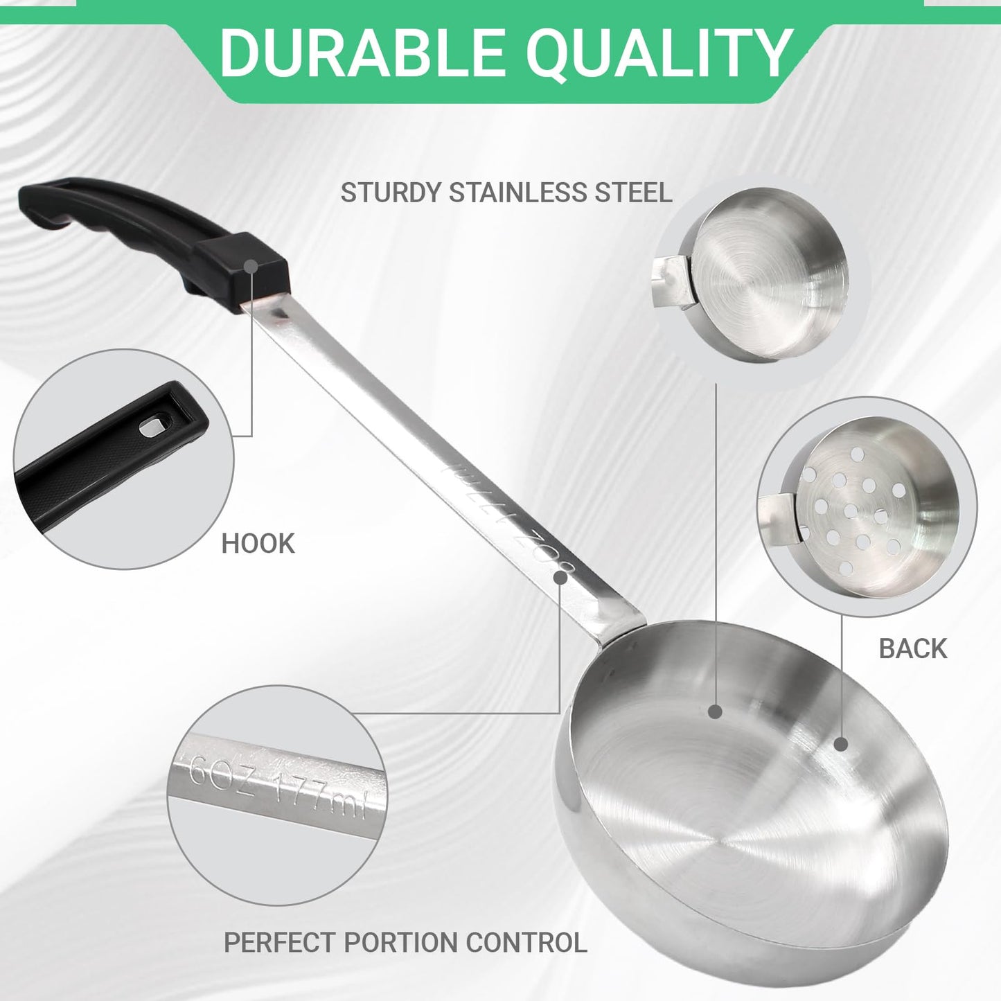 Opfiue 8PCS 6oz Portion Control Serving Spoons,Bariatric Serving Utensils Ideal Weight Watchers,Slotted and Unslotted Scoops,Heavy Duty Stainless Steel Utensils for Restaurants/Weight Loss(Black)