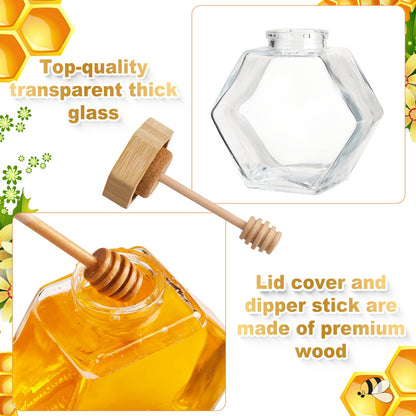 Sunnyray 20 Pcs Glass Honey Jars with Dipper Hexagonal Clear Glass Dispenser Small Honey Containers Bottle with Wooden Dipper and Cork Lid for Home Storage Kitchen (220 ml)
