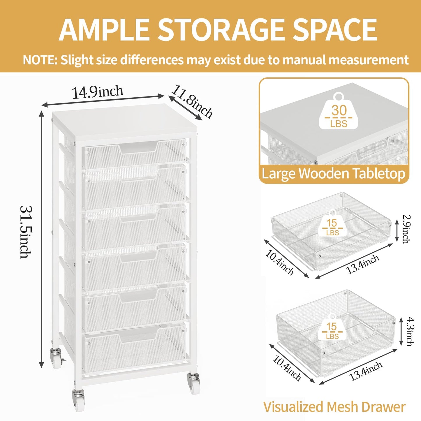 Sbanmao 6 Drawers Rolling Utility Cart, Rolling Storage Cart with Wooden Tabletop, Storage Drawer Cart on Lockable Wheels, Craft Cart for Bedroom, Classroom, Office, White