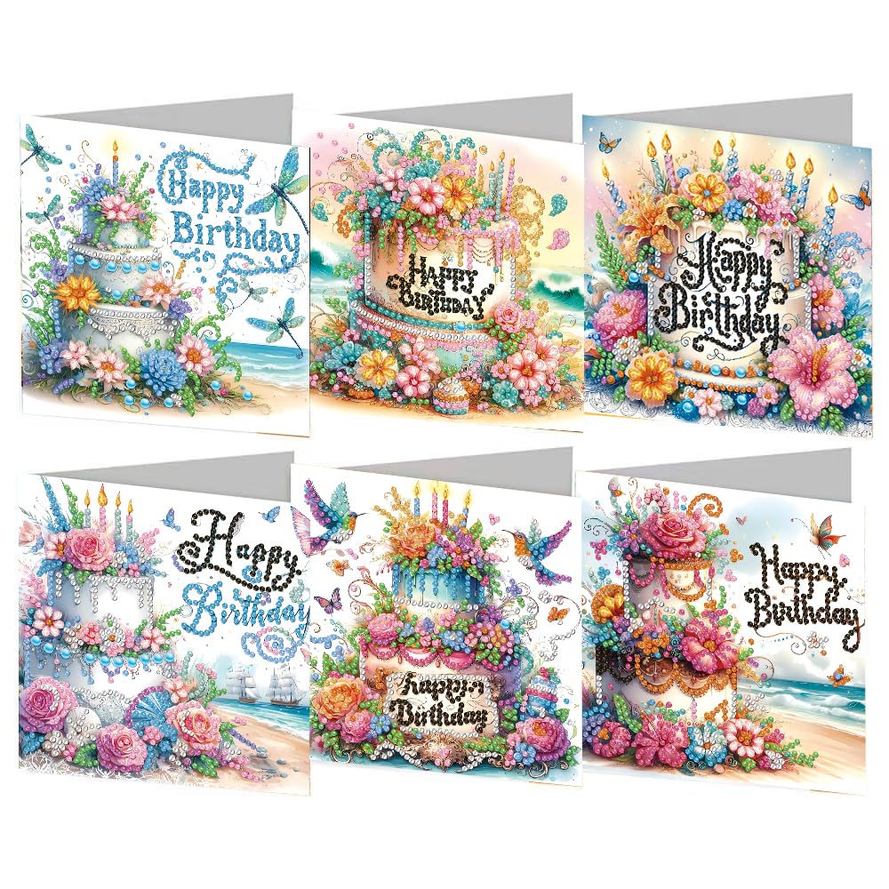 pigpigboss 6 Packs Happy Birthday Diamond Painting Greeting Cards with Envelope, Birthday Cake Diamond Art Cards, Flower Bird Butterfly Diamond Greeting Card Arts Kit for Birthday