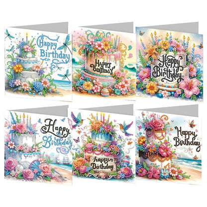 pigpigboss 6 Packs Happy Birthday Diamond Painting Greeting Cards with Envelope, Birthday Cake Diamond Art Cards, Flower Bird Butterfly Diamond Greeting Card Arts Kit for Birthday
