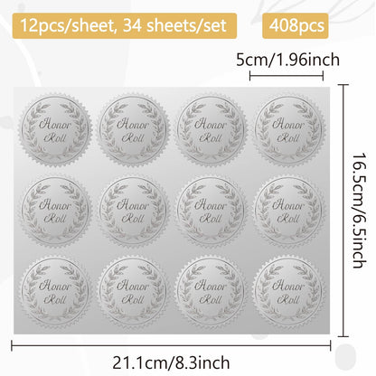 CRASPIRE 408pcs 2 Inch Honor Roll Silver Foil Stickers Garlands Graduation Season Silver Embossed Envelope Seals Stickers Round Self Adhesive Stickers Medal Decoration Label for Gift Packaging