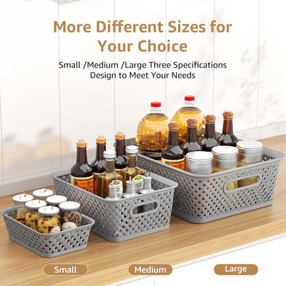 MaxGear Storage Bins - 3-Pack Plastic Organizer Baskets with Handles | Large Grey Woven Design for Home & Office