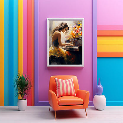 Woman Playing Piano with Flowers Diamond Painting, Aesthetic Piano Diamond Painting Kits, 5D DIY Diamond Painting Kits for Adults Diamond Art, for Room Home Wall Decor Gift 12x16 inch