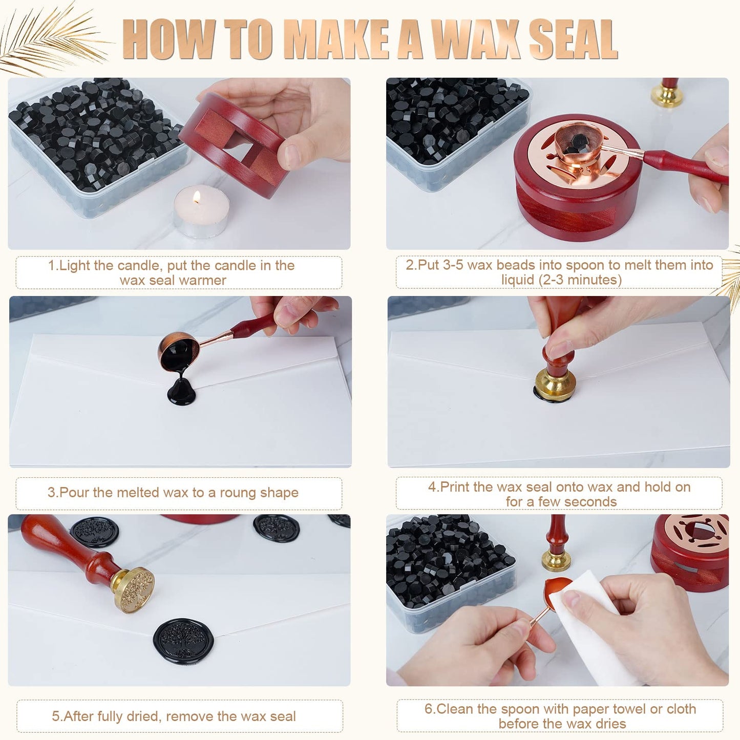 Yagugu Wax Seal Stamp Kit - 357Pc Set with Wax Beads, Stamp, Warmer, Spoon, Candles for Vintage Envelopes & Letters (Black)