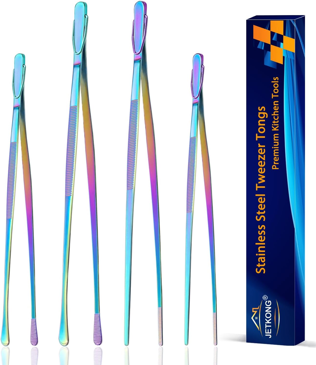 JETKONG 4 Pcs Kitchen Tweezers Set, 12'' and 10'' Stainless Steel Cooking Tweezers for BBQ and Seafood
