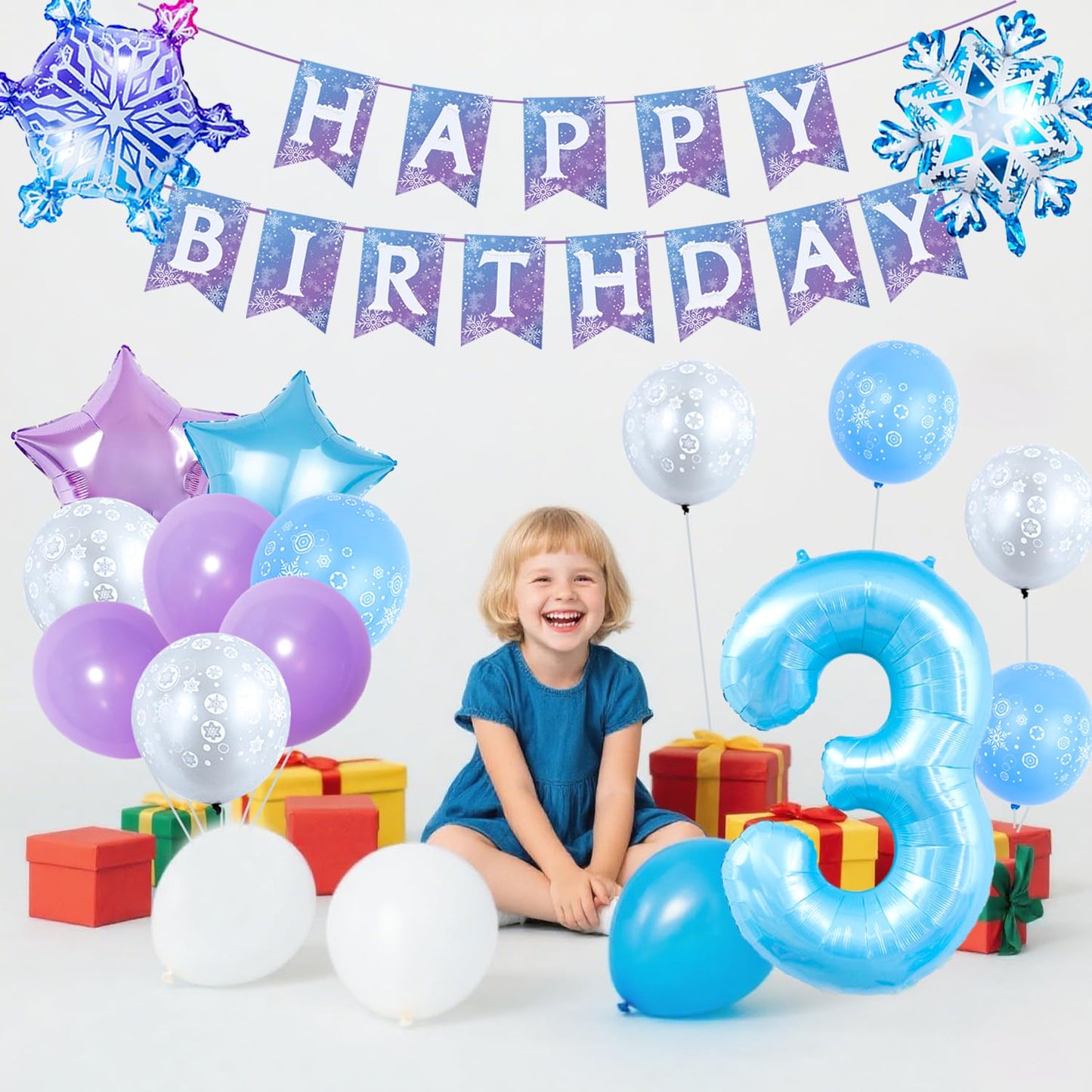 Frozen Birthday Party Decorations, with 40 Inch Blue Number 3 Balloon, Frozen Birthday Banner and Foil Snowflake Balloons for 3rd Party Decor Supplies