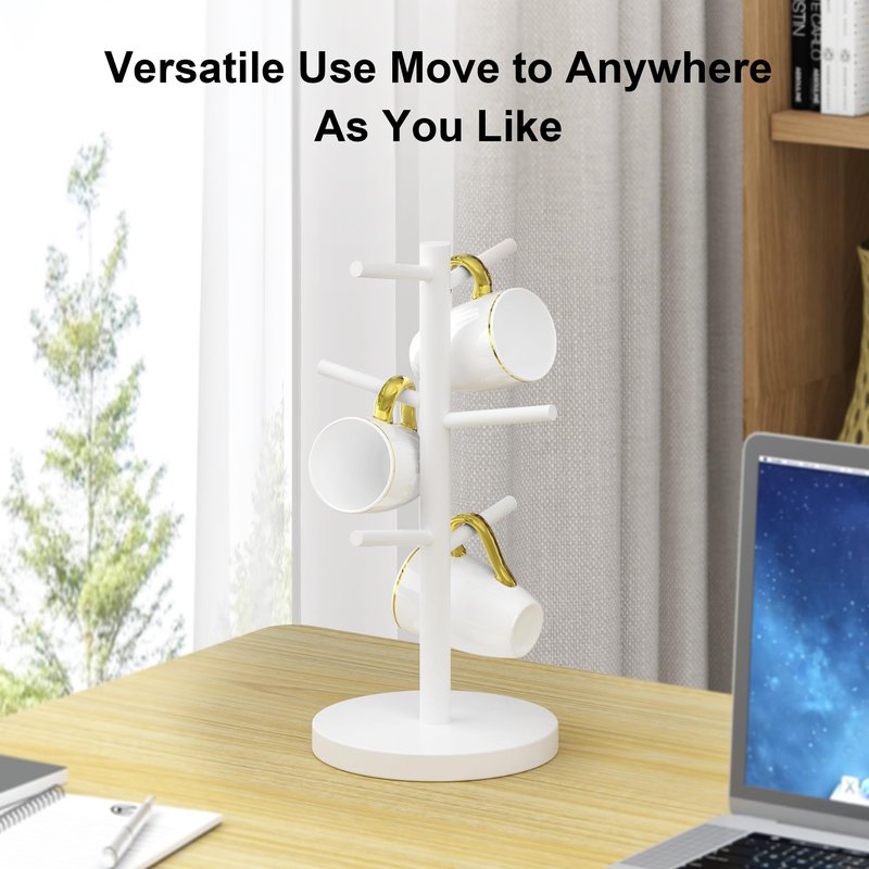 Wisuce White Coffee Mug Tree, Updated Thick Bamboo Mug Holder Base,Coffee Cup Stand Mug Holders with 6 Hooks for Countertop Organizer Stand