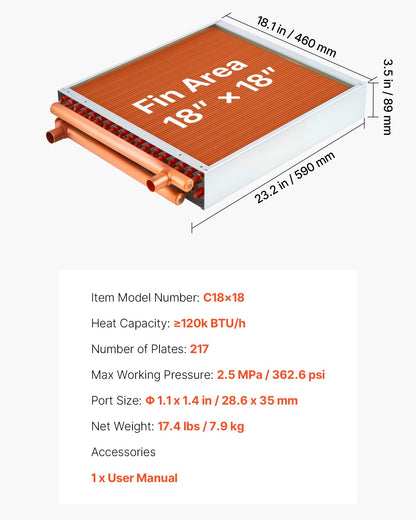VEVOR Water to Air Heat Exchanger, 18 x 18 in Finned Tube HVAC Heat Exchanger Coil with Copper Tubes & Aluminum Fins, 120K BTU Output for Outdoor Wood Furnace, Hydronic Heating & Cooling Systems