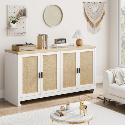 GarveeHome 60 in Farmhouse Rattan Buffet Cabinet - 4-Door Woven Storage Sideboard with Adjustable Shelves, Kitchen Console Table for Dining Room & Living Room Entryway (White & Brown)