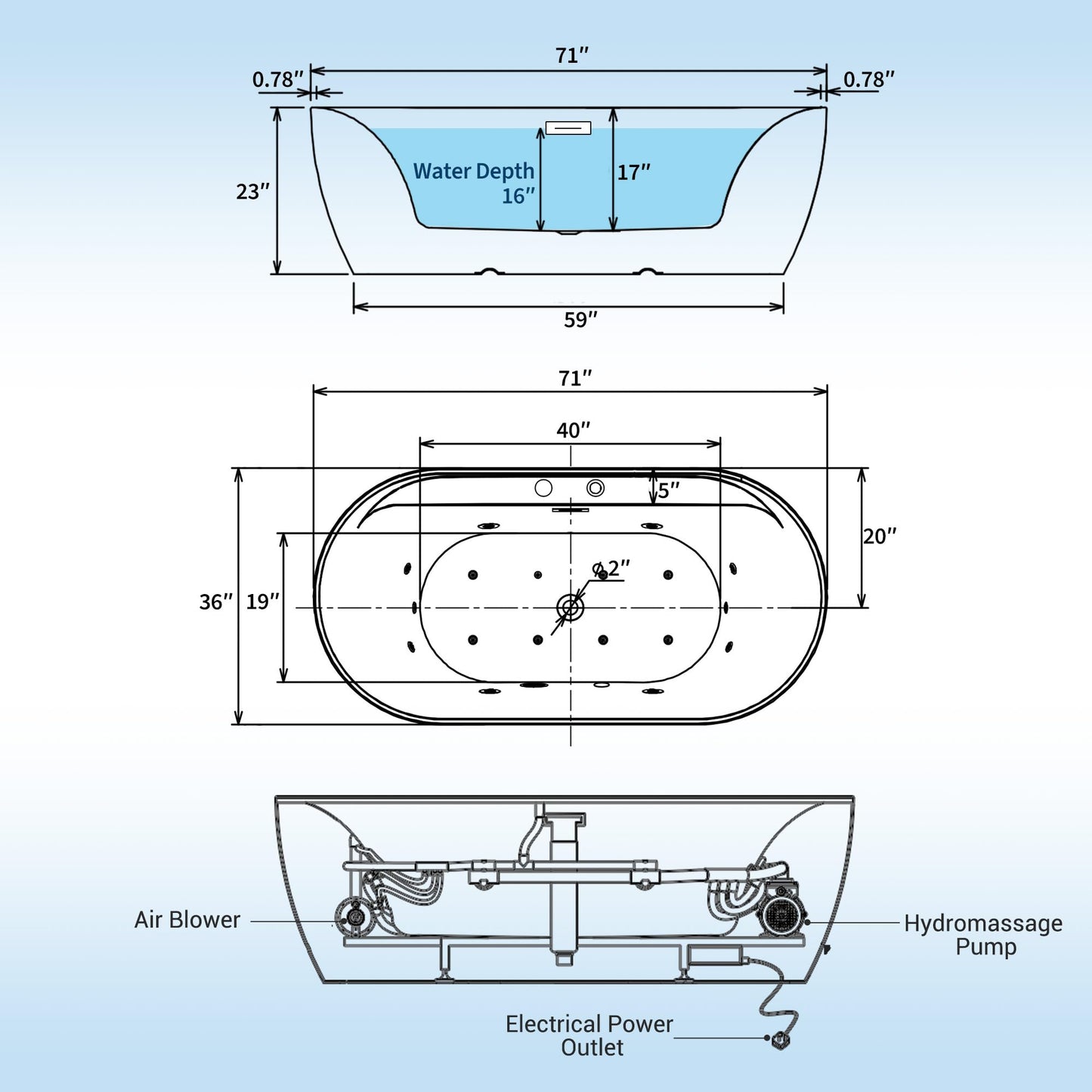 Water Therapy Freestanding Bathtub 71 inch Acrylic Massage Spa Tub with Heating System, Bubble Jets and Digital Control Panel for Bathroom Upgrade and Relaxation