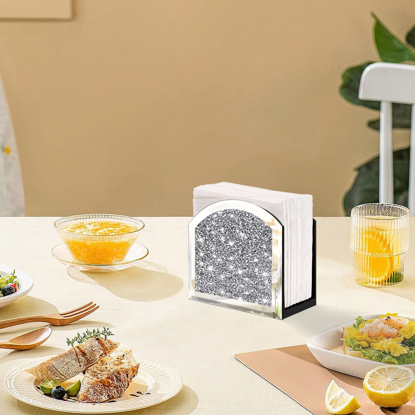 Wocred Mirror Napkin Holder,Crystal Crushed Diamond Vertical Holder,Cute Glass Mirror Napkin Holder for Counter or Table.(5.9”X5.9”X3”)