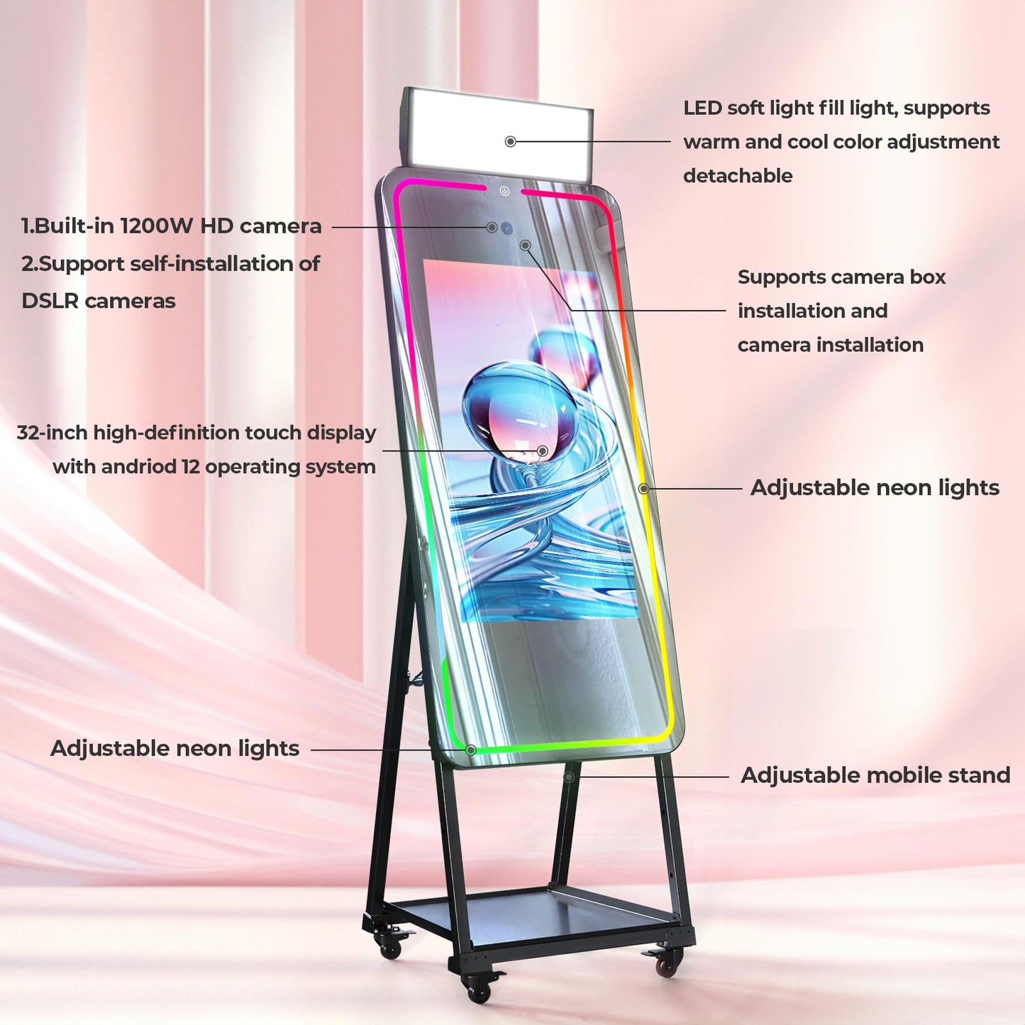 MWE Magic Mirror Photo Booth Machine Touch Screen with Printer,12MP 4K HD Camera,RGB Surround Light Music Sync,Professional Photography Light,Dual System,Software APP Remote Control (47in+Printer)