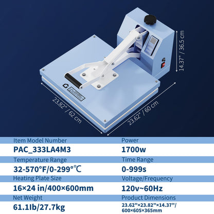 16x24 Heat Press, Digital Professional Press Machine, Fast Heating, Industrial Quality with Adjustable Pressure Industrial Digital Heat Transfer Machine for T-Shirt, Light Blue