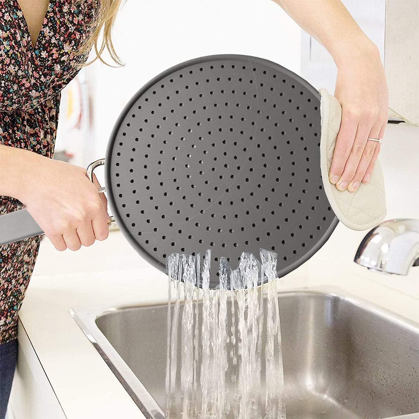 Silicone Splatter Screen Pan Cover 11", Heat Insulation Cooling Mat, Strainer, Drain Board, Oil Splash Guard for Frying Pan, Non-Stick, Heat Resistant Universal Pan Cover