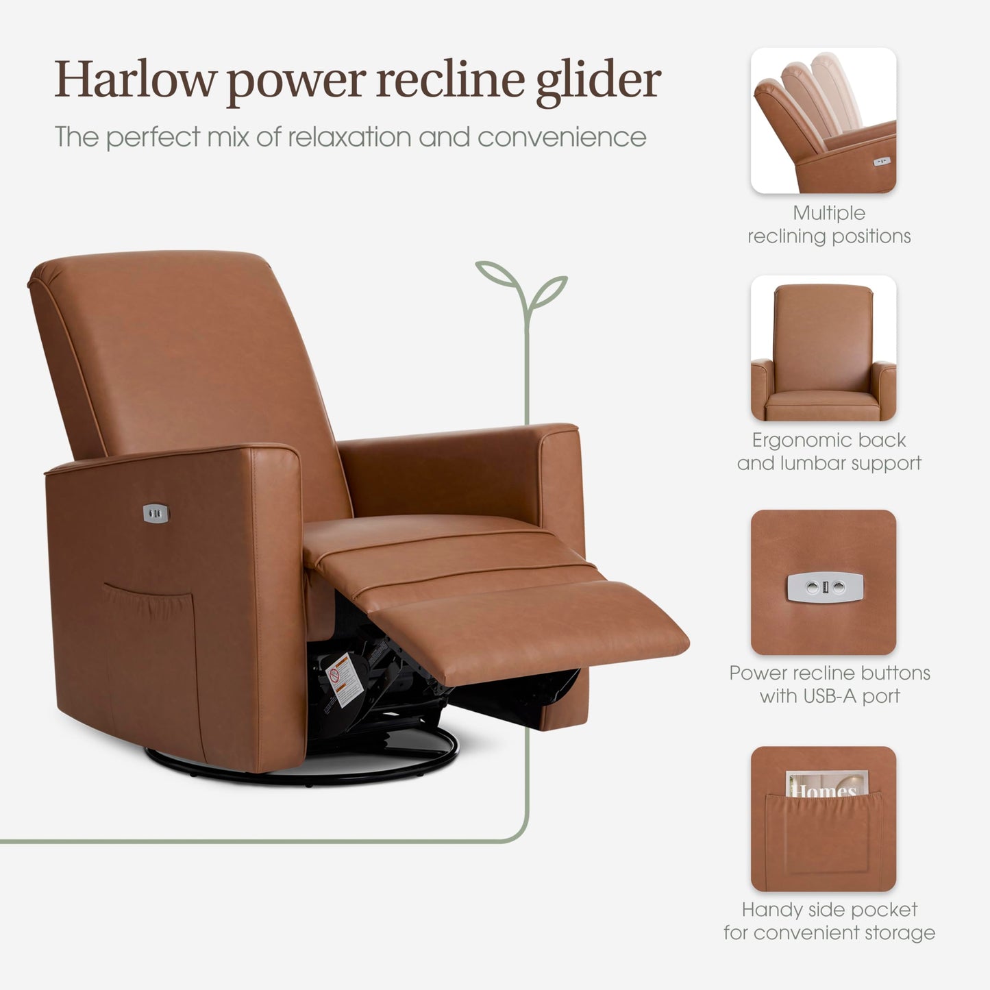 Evolur Harlow Upholstered Power Glider Recliner with USB Charging – Rocking & 275° Swivel with Smooth Glide – Greenguard Gold & FSC Certified – Modern Nursery and Living Room Chair in Cognac