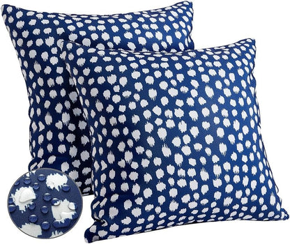 Outdoor Pillow Covers 18x18, Set of 2 Blue Polka Dot Waterproof Decorative Pillow Cases for Summer Outdoor Sofa Bed