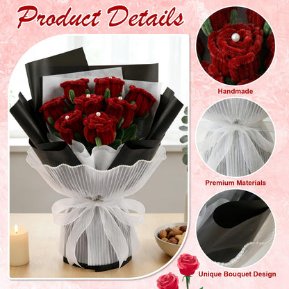 CANEGGG Finished Pipe Cleaner Flower Bouquet, Handmade Knitted 8 Red Rose Bouquet, Gifts for Mom, Birthday Gifts for Women, Forever Rose for Her Grandma Girlfriend on Anniversary Graduation