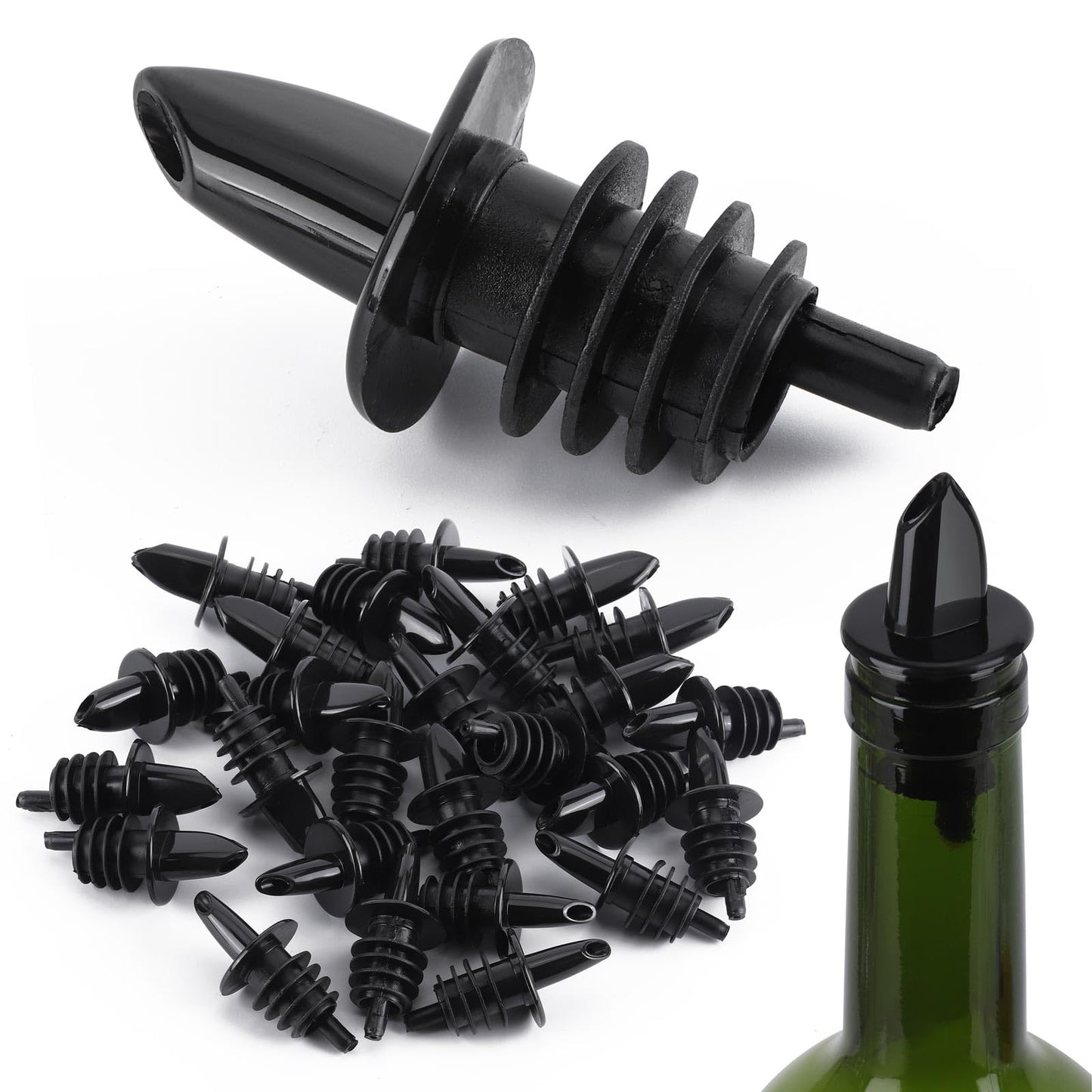 200 Pack Bottle Pourers Wine Pourers Plastic Liquor Free Flow Pourers Spout Pourer Black for Kitchen Olive Oil Mixed Drinks, 2.7 * 1.2 Inch