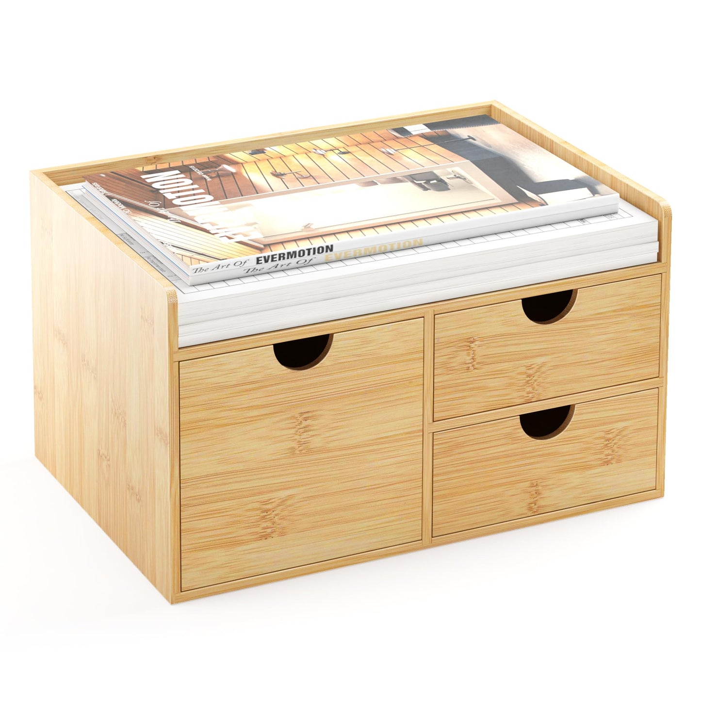 Wisuce Desk Organizer with Drawers - Bamboo Desktop Organizer Storage Natural Wood Desk Drawers Organizer for Bills, Office Supplies, Cosmetics, Seals No Assembly Required 3 Drawers（left-right)