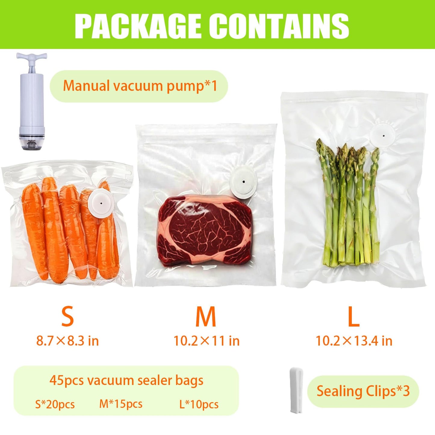 45 Pcs Reusable Vacuum Sealer Bags for Food with Hand Pump, BPA-Free Vacuum Storage Bags for Sous Vide Cooking & Meal Prep, Upgraded Air Valve Food Sealer Bags, Works with Handheld/External Sealers