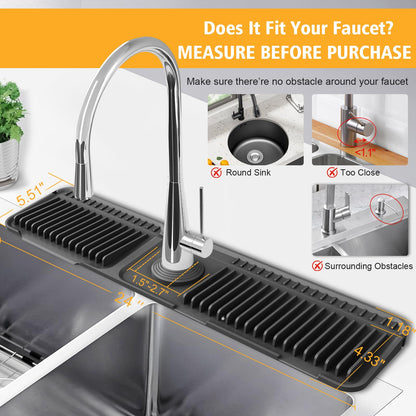 24-Inch Kitchen Sink Splash Guard Mat | 7° Slope for Fast Self-Draining | Snap-Lock Design | Universal & Cuttable Silicone Faucet Mat (Black)