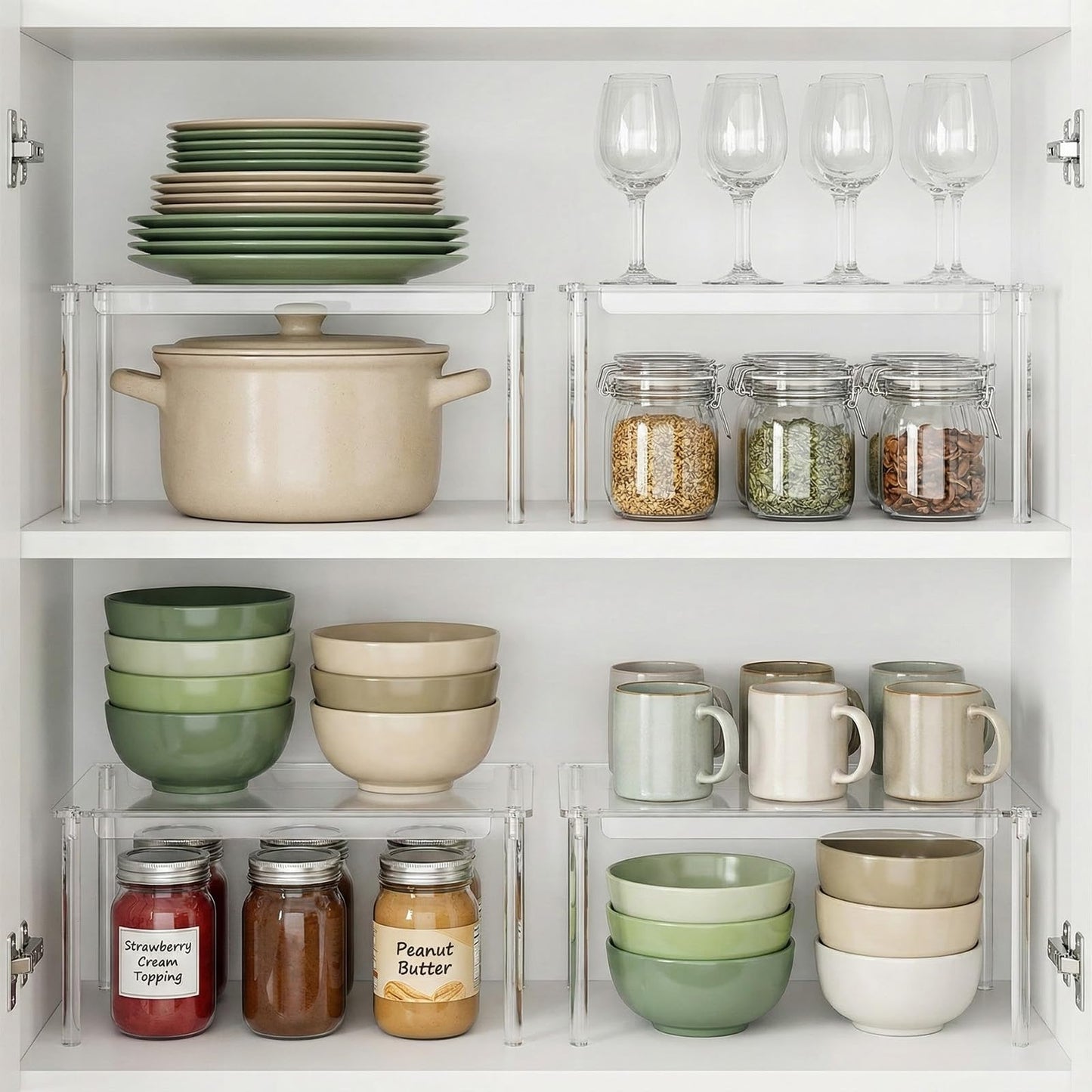 HANLANXUE 4 Pack Clear Kitchen Cabinet Organizer, Stackable Acrylic Tiered Spice Organization Display Shelf for Cabinet Shelf Desk Countertop Organizer