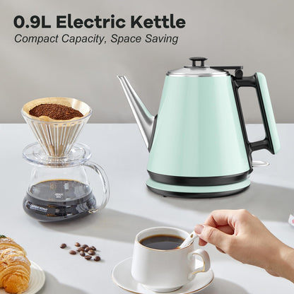 Small Electric Kettle 0.9L, 304 Stainless Steel Inner, 1000W Fast Boiling in 4-6 Mins, Vintage Compact Design with One Key Operation, Auto Shut Off, Dry Boil Protection, for Home, Office, Coffee Etc.