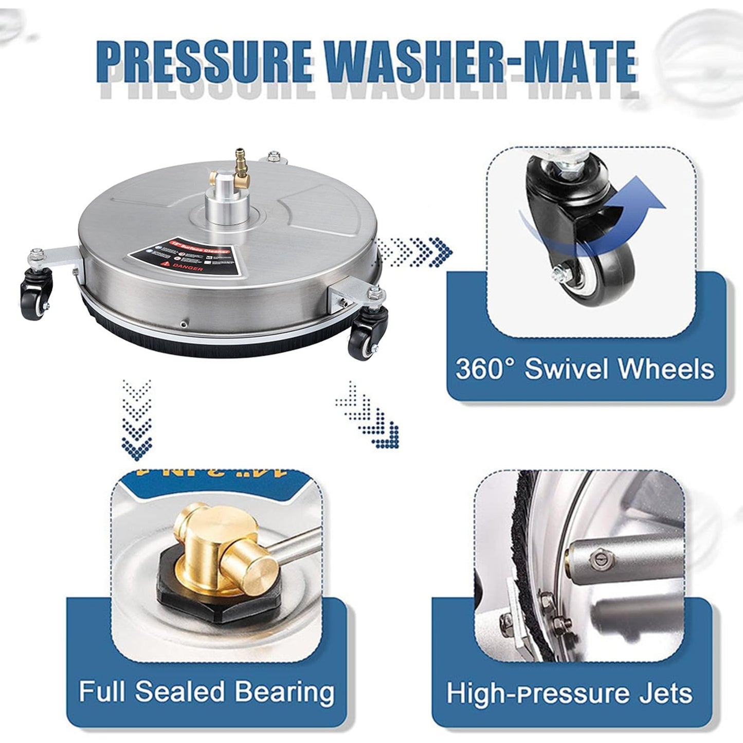 TRELVEX 14" Pressure Washer Surface Cleaner 4000 PSI with 4 Wheels, Stainless Steel Pressure Housing, Quick Connector, 2024 New Washer Attachment Stainless Steel