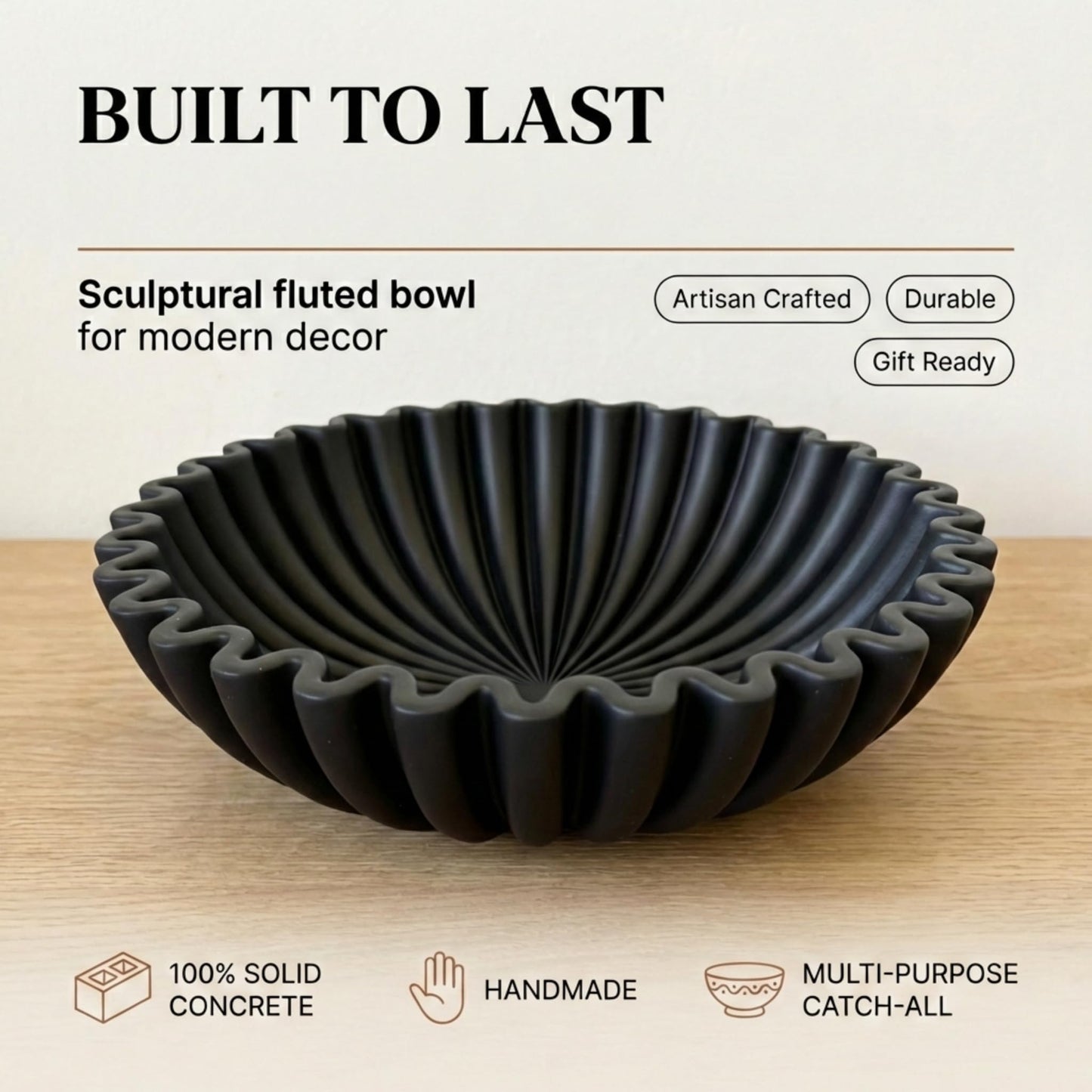 OAKOA Concrete Black Decorative Bowl for Home Decor - Black Fruit Bowl for Kitchen Counter - Black Bowl Decor - Modern Fruit Bowl Black - Centerpiece Bowl
