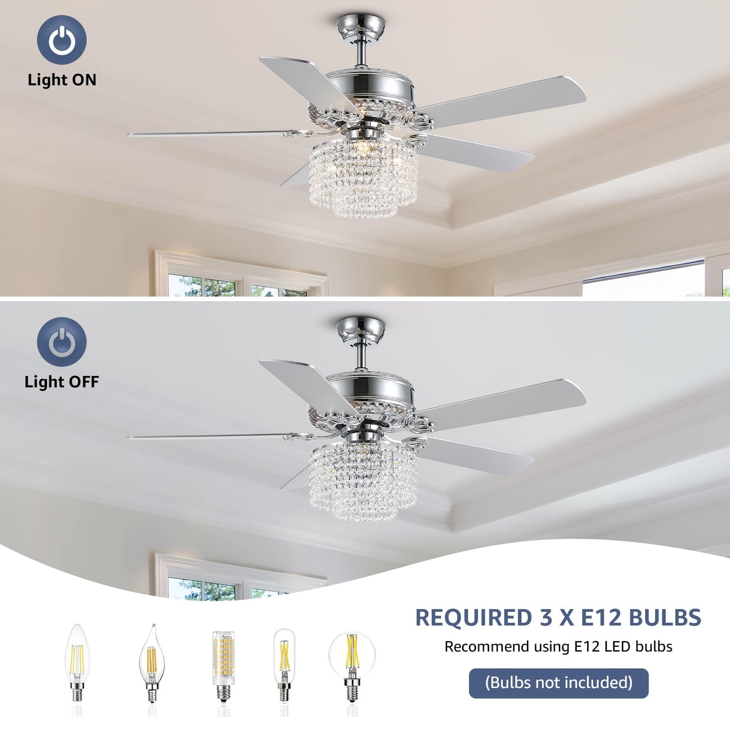 CROSSIO 52 Inch Crystal Ceiling Fan with Light and Remote Control, Modern Chandelier Fan with 5 Reversible Wood Blades Chrome Fandelier for Living Room Bedroom (Fine line Crystal-Ceiling Fan)