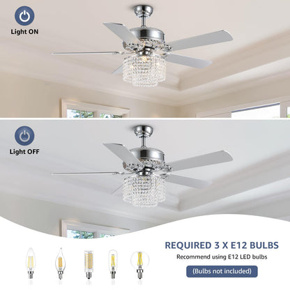 CROSSIO 52 Inch Crystal Ceiling Fan with Light and Remote Control, Modern Chandelier Fan with 5 Reversible Wood Blades Chrome Fandelier for Living Room Bedroom (Fine line Crystal-Ceiling Fan)