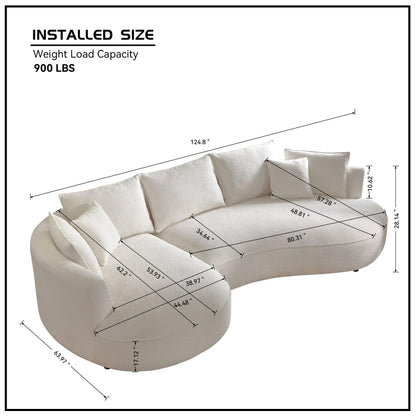 KEIKI 129" Luxury Curved Boucle Sectional Sofa with Left Chaise, Upholstered Modern Style Oversized 5-Seater Couch with Thickened Seat Cushions, Easy Assembly, for Apartment, Living Room, White
