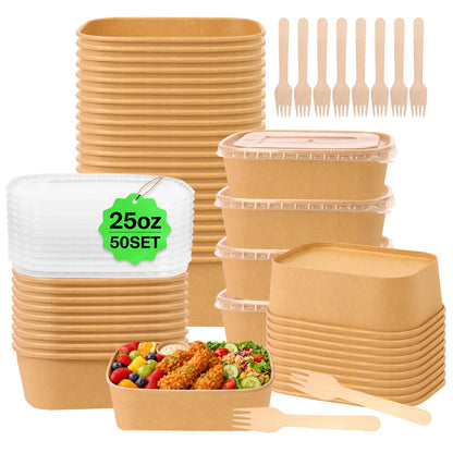 DeziWood 50 Pack 25 oz Paper Food Containers with Lids, Meal Prep Containers Disposable Large Paper Bowls, Microwavable and Freezer Storage Use Cardboard Food Containers