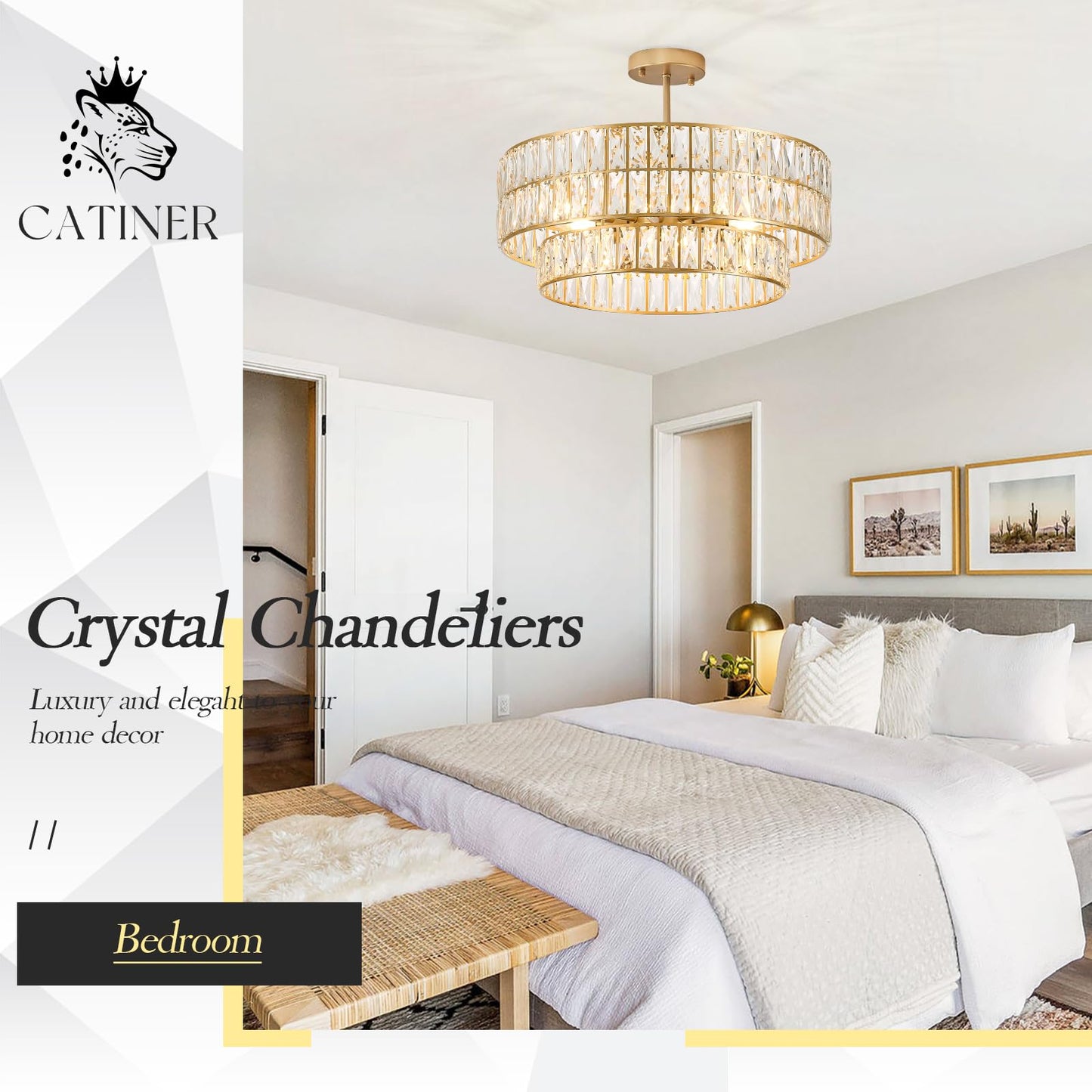 CATINER 24'' Modern Crystal Chandelier 8-Lights Luxury Gold Semi Flush Mount Ceiling Light Fixtures Round Crystal Pendant Chandelier for Living Room Dining Room Foyer Bedroom Kitchen