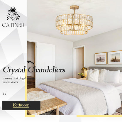 CATINER 24'' Modern Crystal Chandelier 8-Lights Luxury Gold Semi Flush Mount Ceiling Light Fixtures Round Crystal Pendant Chandelier for Living Room Dining Room Foyer Bedroom Kitchen