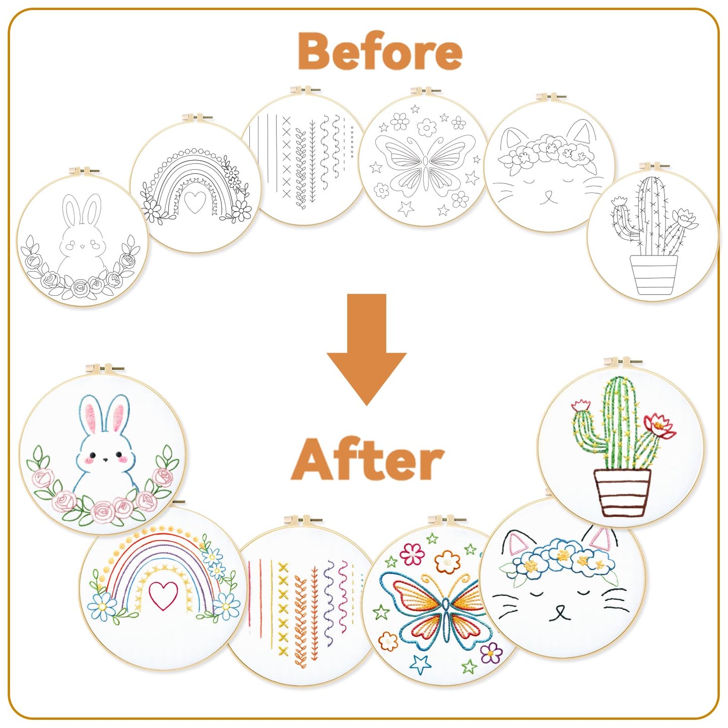 BEUNITONE Embroidery Kit with 6 Easy Patterns, Simple Cross Stitch Starter Set for Absolute Beginners, Cute Animal Rainbow Butterfly DIY Craft Activity