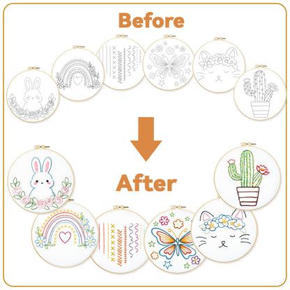 BEUNITONE Embroidery Kit with 6 Easy Patterns, Simple Cross Stitch Starter Set for Absolute Beginners, Cute Animal Rainbow Butterfly DIY Craft Activity