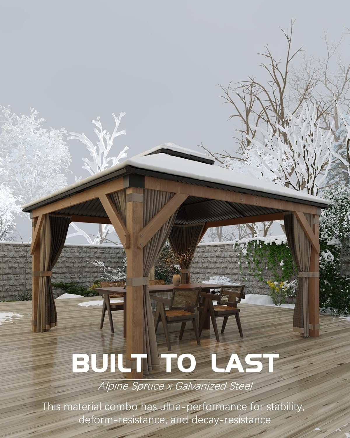 GAOMON Hardtop Spruce Wood Gazebo 10'x10', with Double Roof of Metal Sheets, 4.7'' Heavy Duty Poles, Net, and Curtain, Permanent Building for Patio, Deck, Backyard, Lawn, and Garden, Khaki