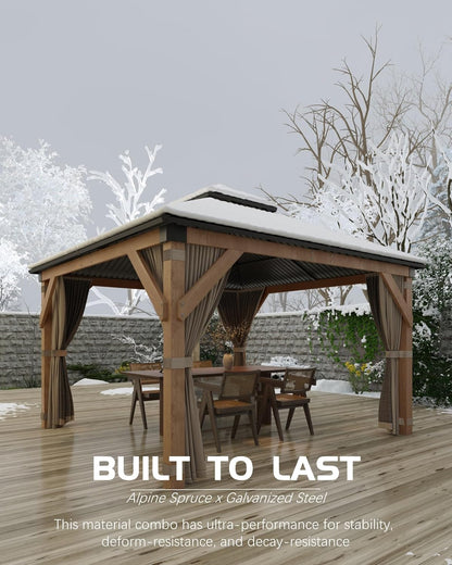 GAOMON Hardtop Spruce Wood Gazebo 10'x10', with Double Roof of Metal Sheets, 4.7'' Heavy Duty Poles, Net, and Curtain, Permanent Building for Patio, Deck, Backyard, Lawn, and Garden, Khaki