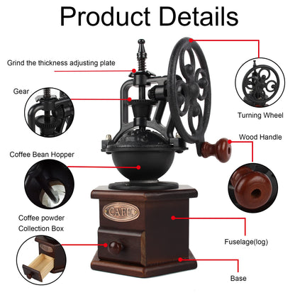 Coffee Grinder,Wooden Coffee Bean Grinder Manual Coffee Grinder Roller, Antique Coffee Mill with Cast Iron Hand Crank for Making Mesh Coffee, Decoration, Best Gift (Brown (six deformation base))